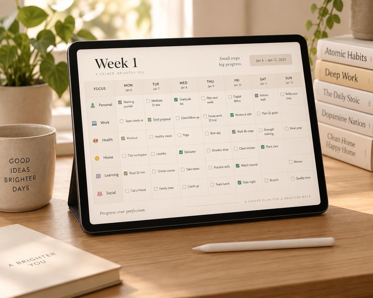 Tablet on a desk showing the weekly planner