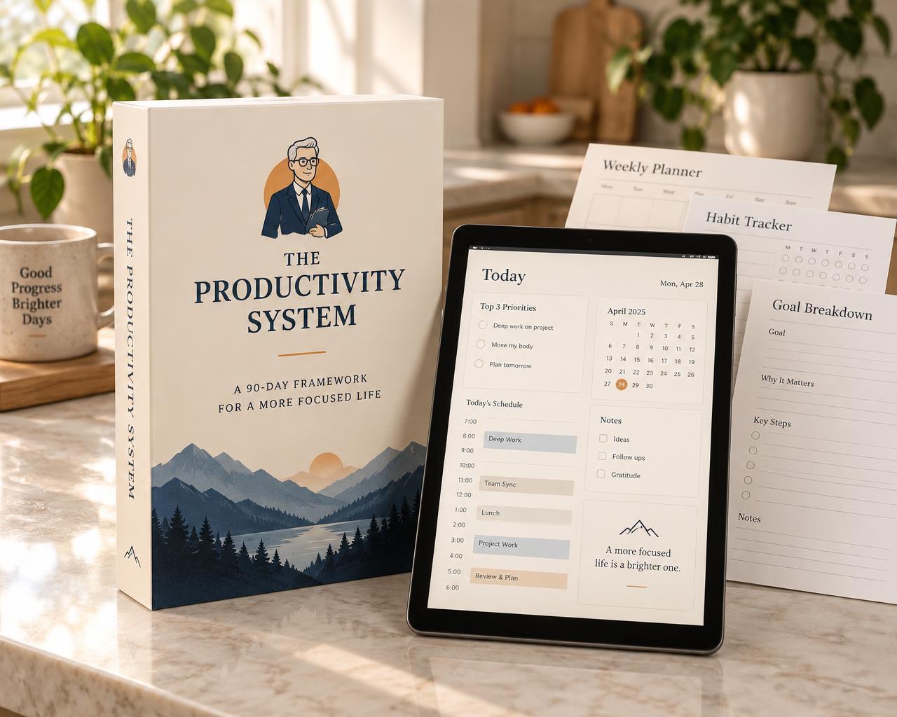 The Productivity System box beside a tablet showing a daily planner